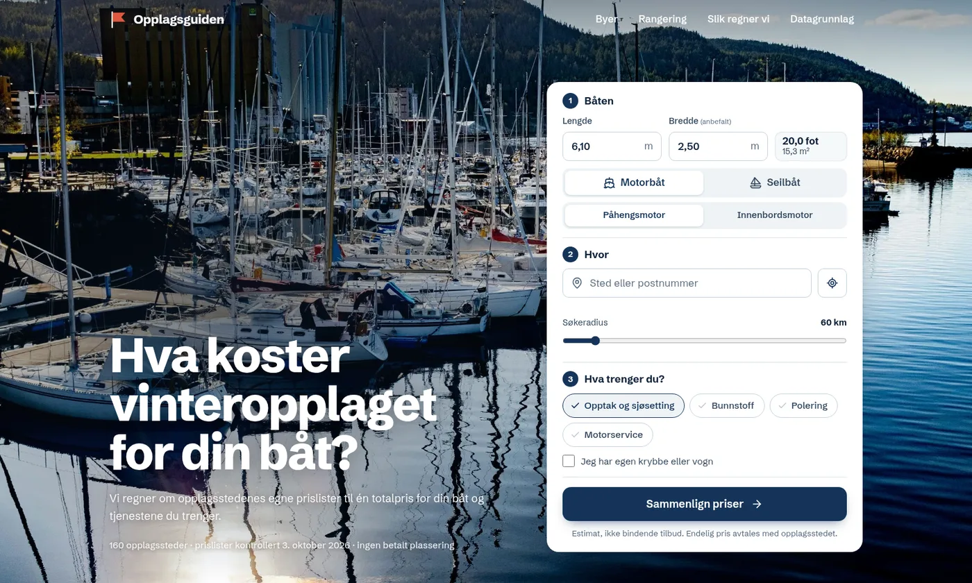 Opplagsguiden-nettside med havnebilde og skjema for å sammenligne priser på vinteropplag
