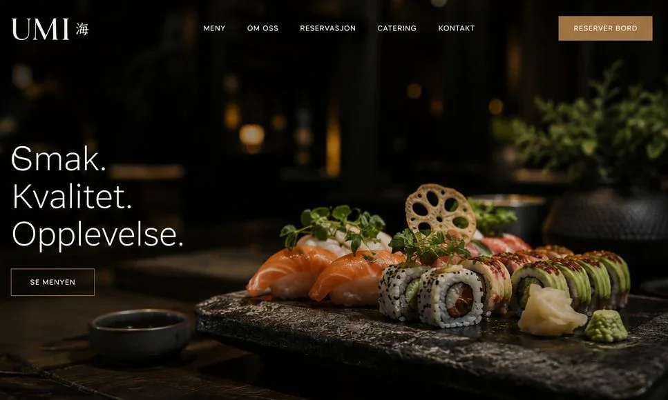 Designkonsept for en restaurantnettside med sushi, meny og bordbestilling